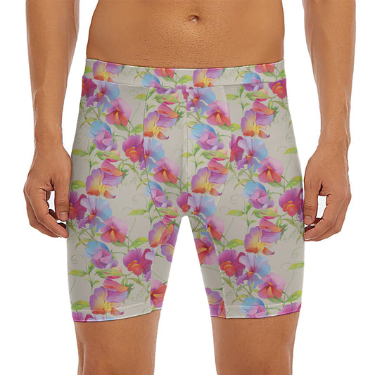 Sweet Pea Flower Pattern Print Men's Long Boxer Briefs