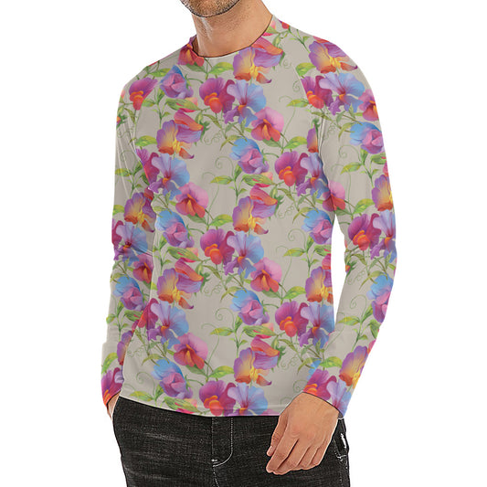 Sweet Pea Flower Pattern Print Men's Long Sleeve Rash Guard