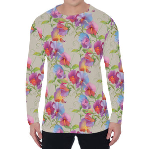 Sweet Pea Flower Pattern Print Men's Long Sleeve T-Shirt