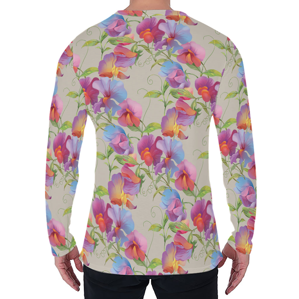 Sweet Pea Flower Pattern Print Men's Long Sleeve T-Shirt