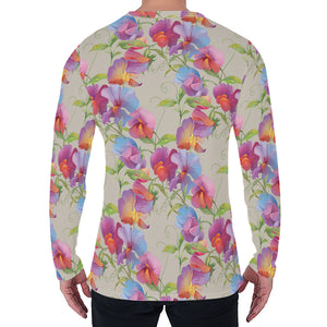 Sweet Pea Flower Pattern Print Men's Long Sleeve T-Shirt