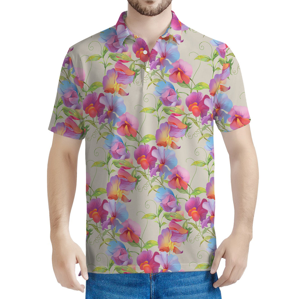 Sweet Pea Flower Pattern Print Men's Polo Shirt