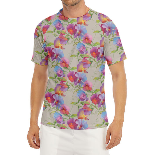 Sweet Pea Flower Pattern Print Men's Short Sleeve Rash Guard