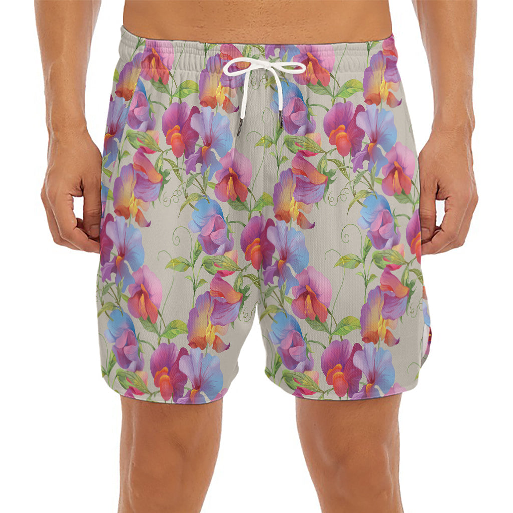 Sweet Pea Flower Pattern Print Men's Split Running Shorts