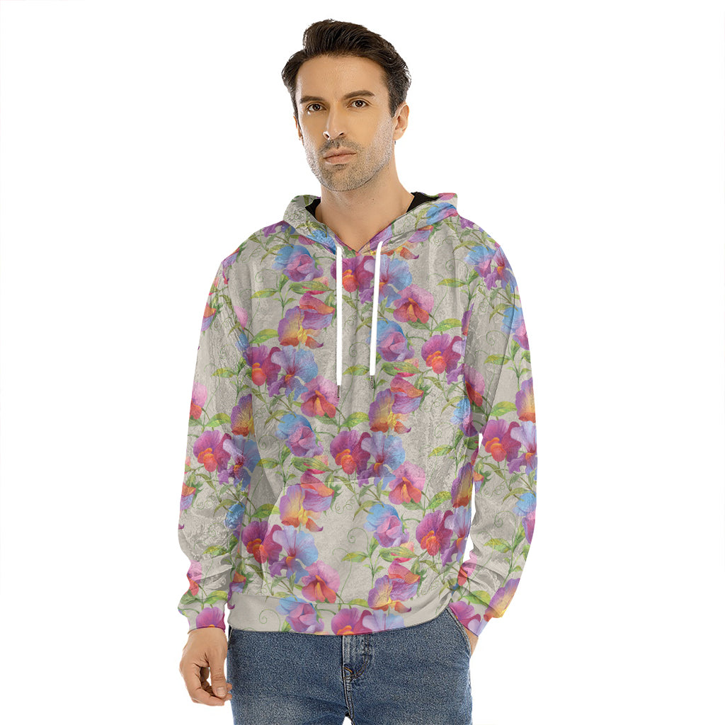 Sweet Pea Flower Pattern Print Men's Velvet Pullover Hoodie