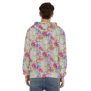 Sweet Pea Flower Pattern Print Men's Velvet Pullover Hoodie