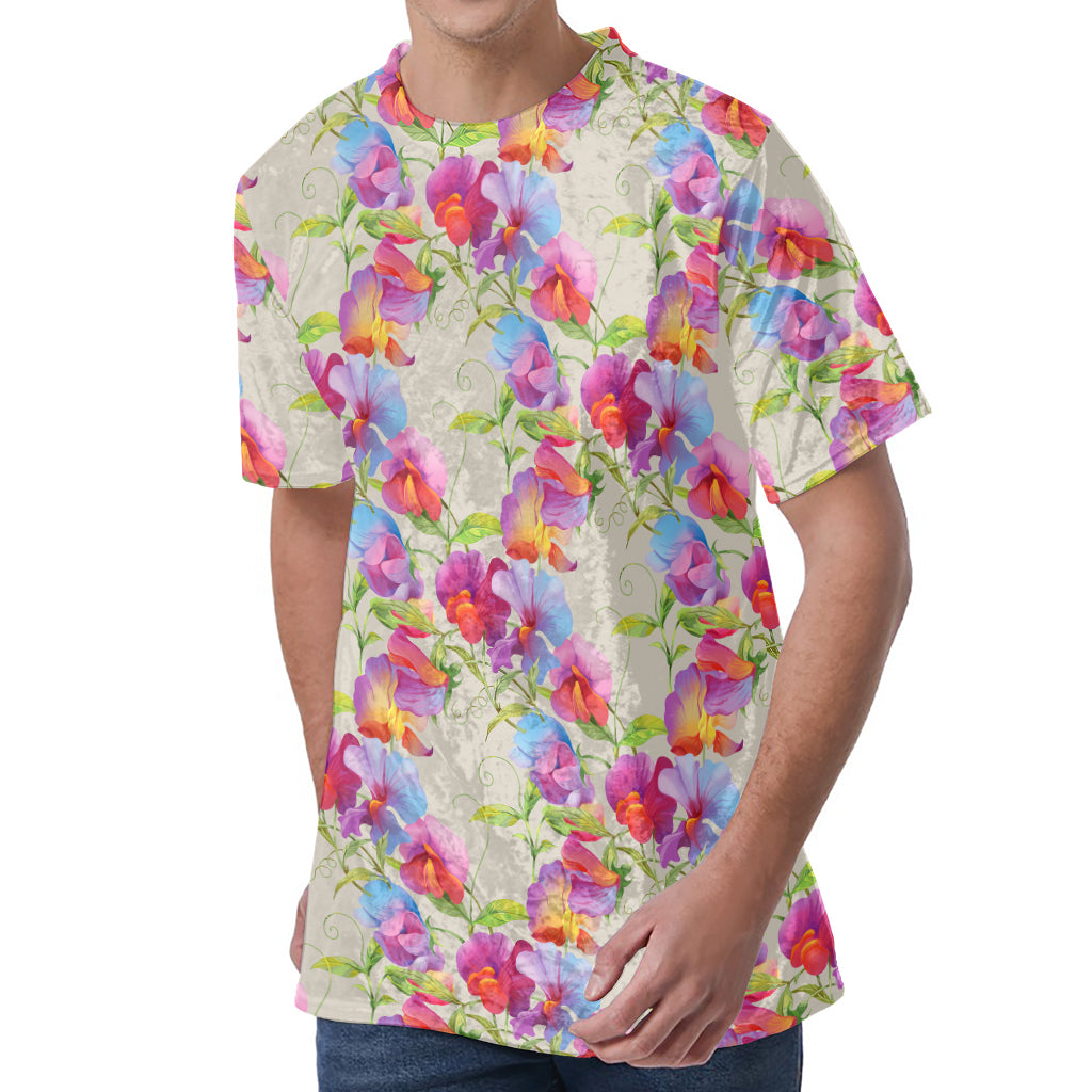 Sweet Pea Flower Pattern Print Men's Velvet T-Shirt