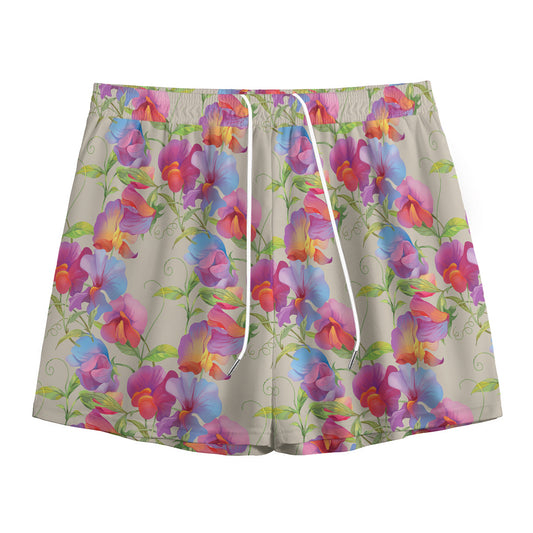 Sweet Pea Flower Pattern Print Mesh Shorts