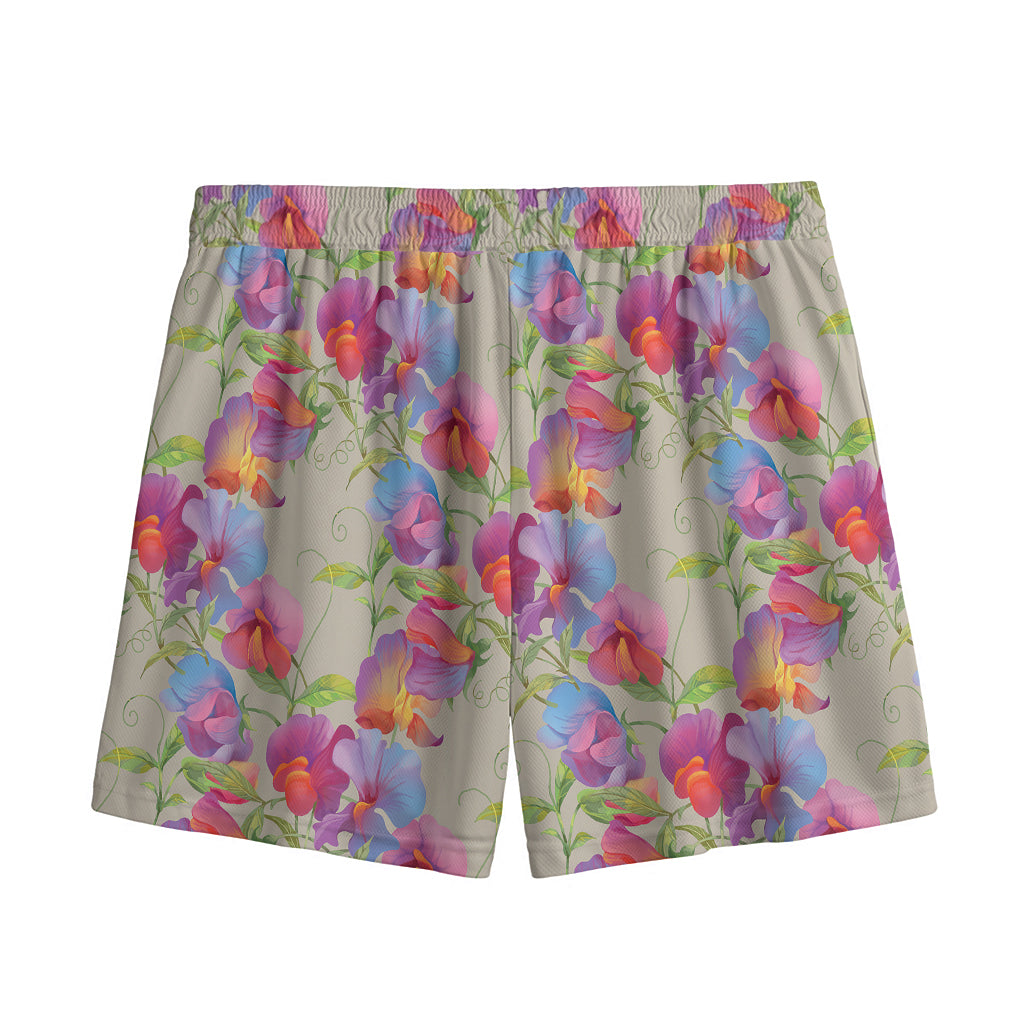 Sweet Pea Flower Pattern Print Mesh Shorts