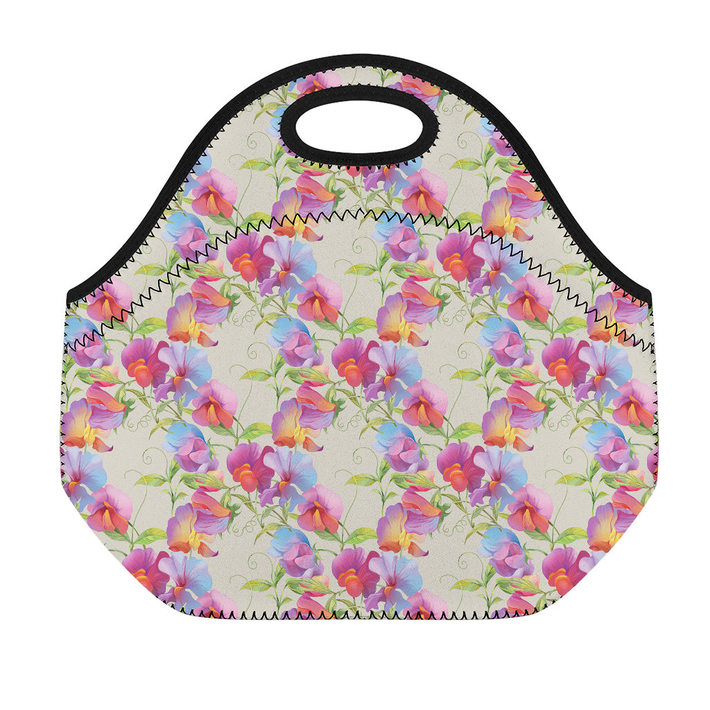 Sweet Pea Flower Pattern Print Neoprene Lunch Bag