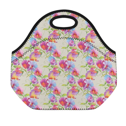 Sweet Pea Flower Pattern Print Neoprene Lunch Bag