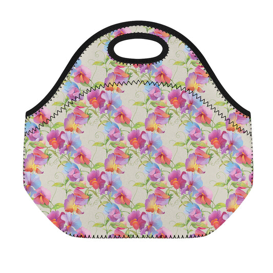 Sweet Pea Flower Pattern Print Neoprene Lunch Bag