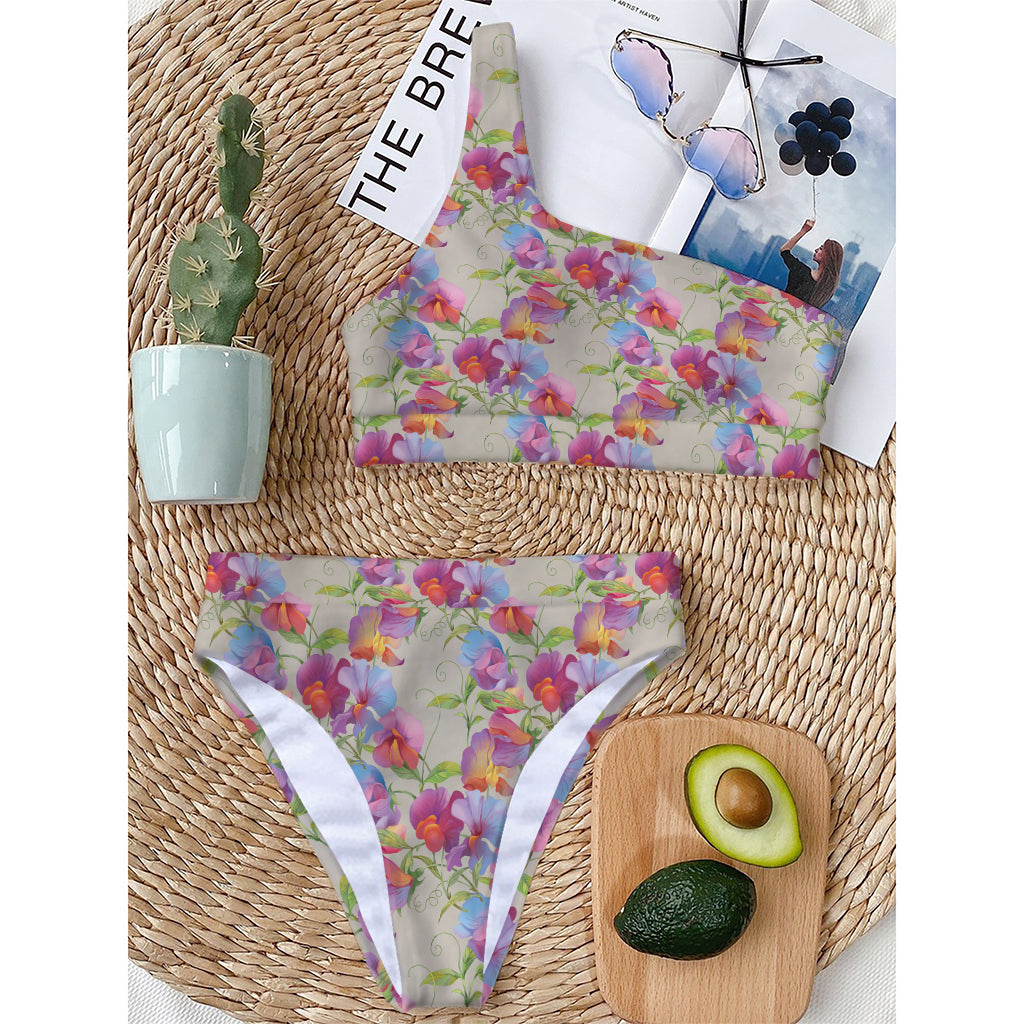 Sweet Pea Flower Pattern Print One Shoulder Bikini Top