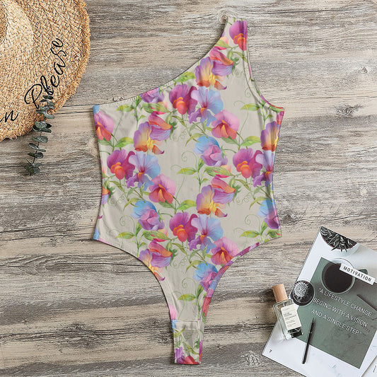 Sweet Pea Flower Pattern Print One Shoulder Bodysuit