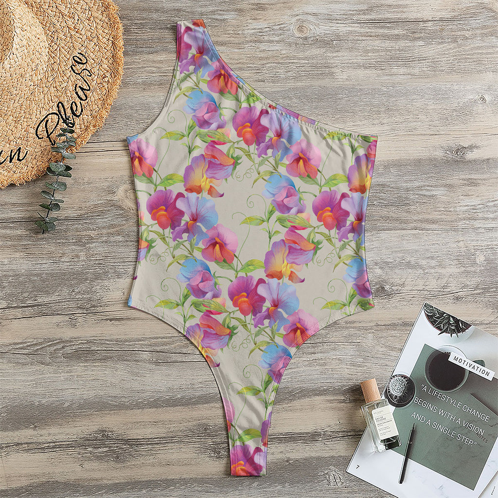 Sweet Pea Flower Pattern Print One Shoulder Bodysuit