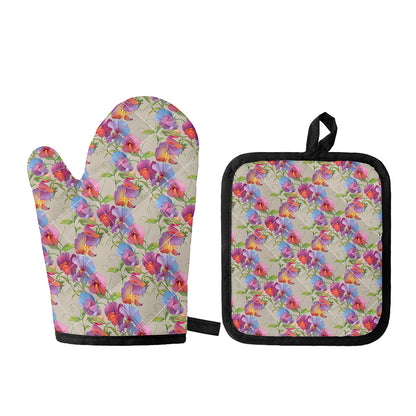Sweet Pea Flower Pattern Print Oven Mitt And Pot Holder Set