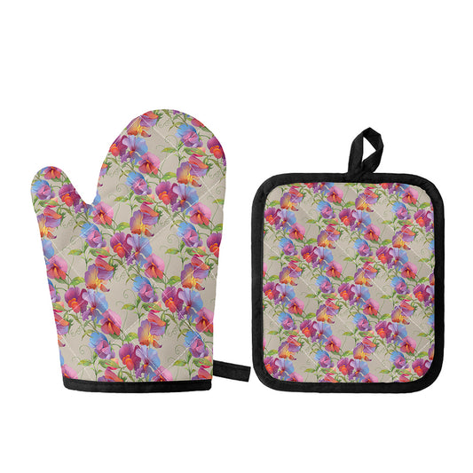 Sweet Pea Flower Pattern Print Oven Mitt And Pot Holder Set