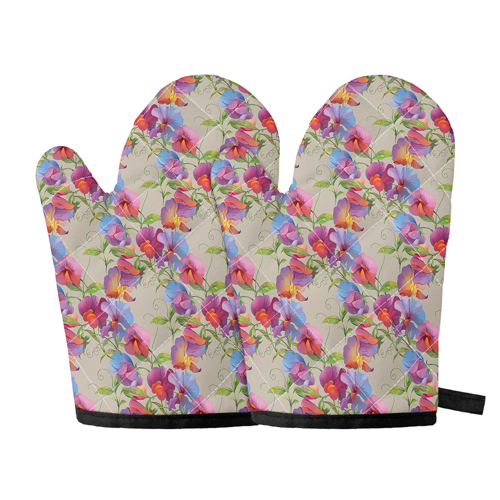 Sweet Pea Flower Pattern Print Oven Mitts