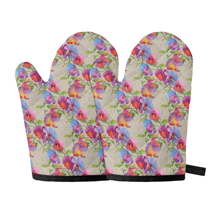 Sweet Pea Flower Pattern Print Oven Mitts