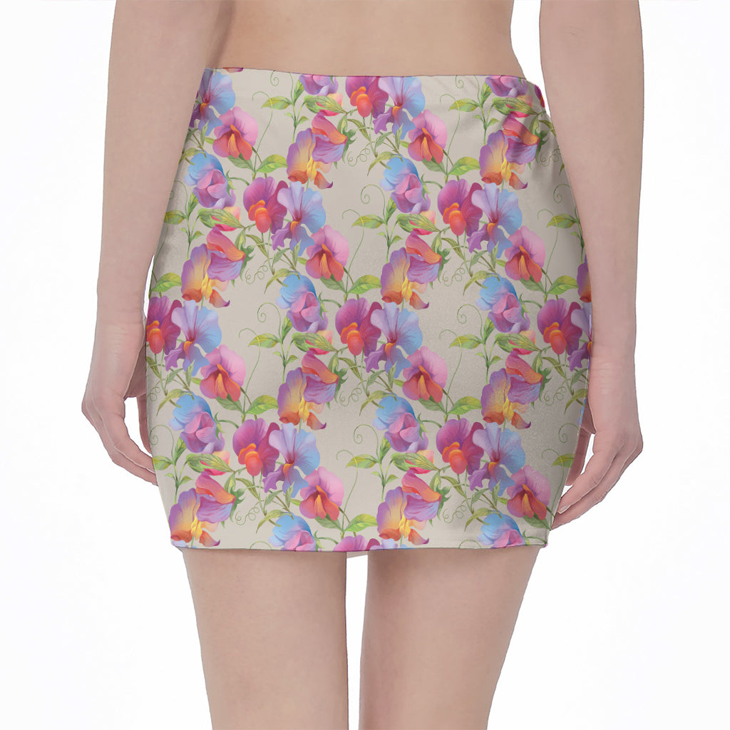 Sweet Pea Flower Pattern Print Pencil Mini Skirt