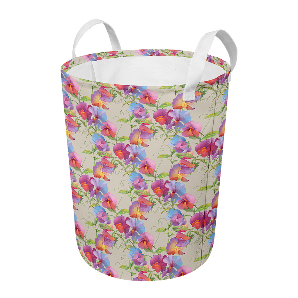 Sweet Pea Flower Pattern Print Round Laundry Basket