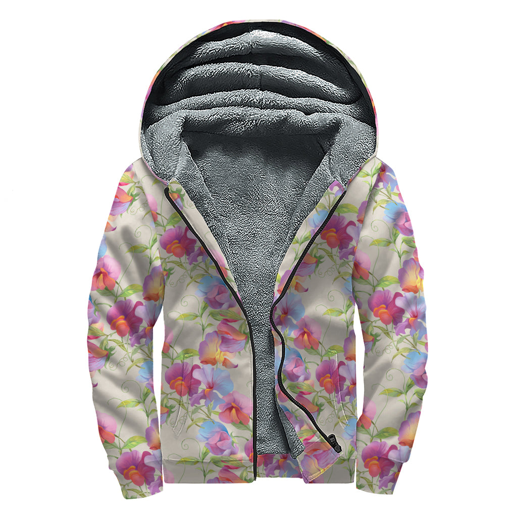 Sweet Pea Flower Pattern Print Sherpa Lined Zip Up Hoodie