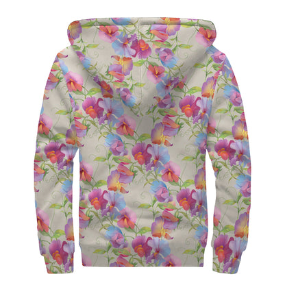 Sweet Pea Flower Pattern Print Sherpa Lined Zip Up Hoodie