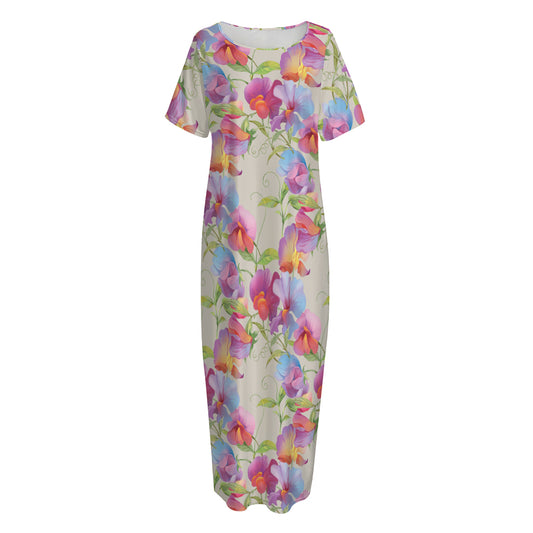 Sweet Pea Flower Pattern Print Short Sleeve Long Nightdress