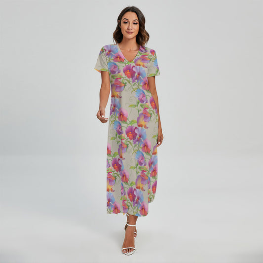 Sweet Pea Flower Pattern Print Short Sleeve Maxi Dress