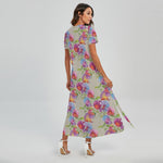 Sweet Pea Flower Pattern Print Short Sleeve Maxi Dress