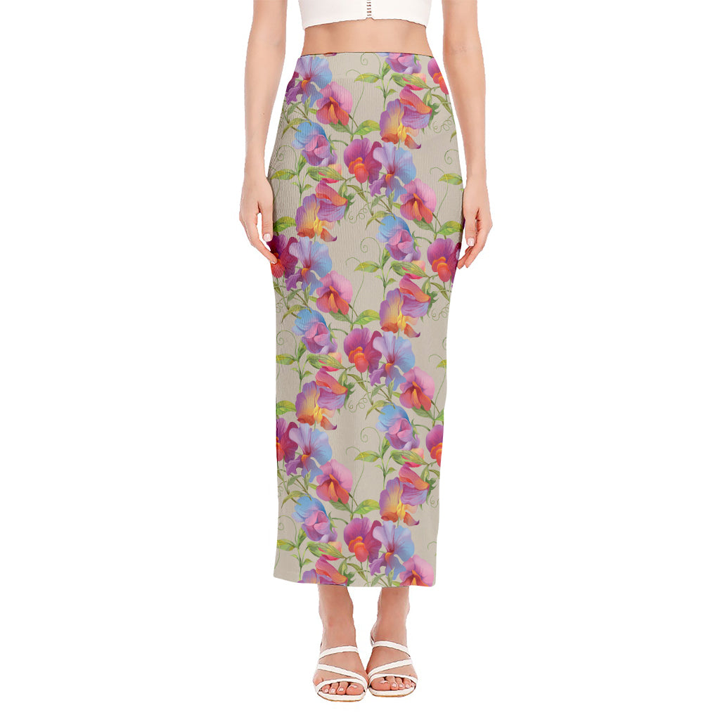 Sweet Pea Flower Pattern Print Side Slit Maxi Skirt