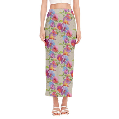 Sweet Pea Flower Pattern Print Side Slit Maxi Skirt