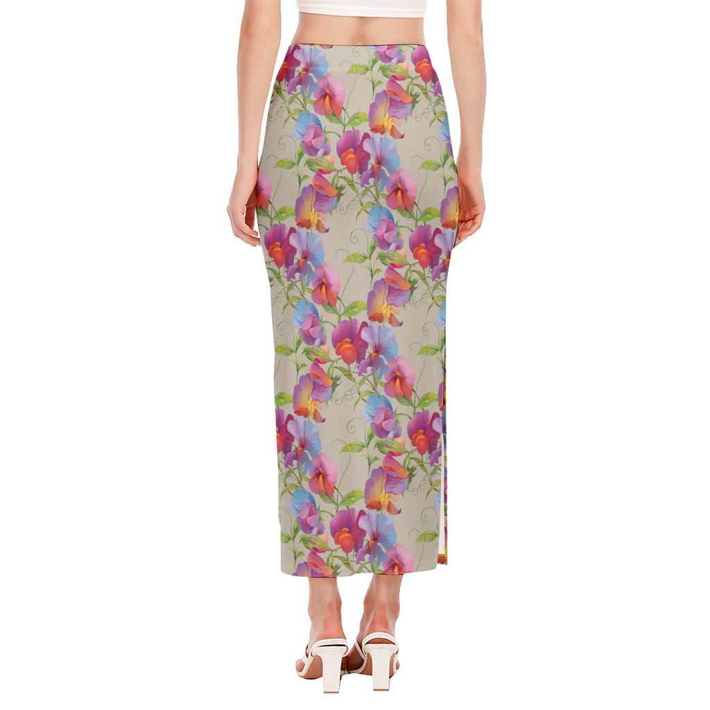 Sweet Pea Flower Pattern Print Side Slit Maxi Skirt