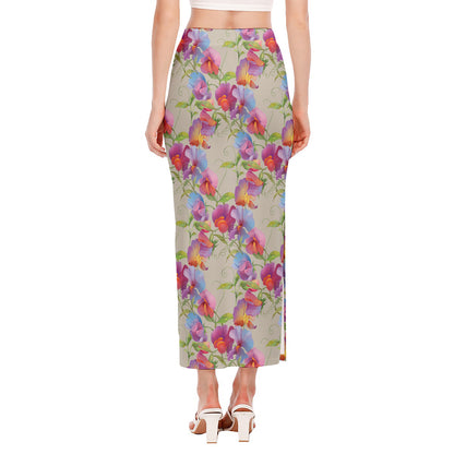 Sweet Pea Flower Pattern Print Side Slit Maxi Skirt