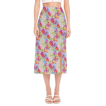 Sweet Pea Flower Pattern Print Side Slit Midi Skirt