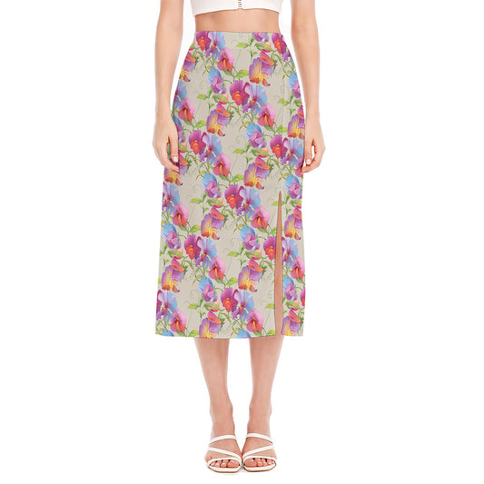 Sweet Pea Flower Pattern Print Side Slit Midi Skirt