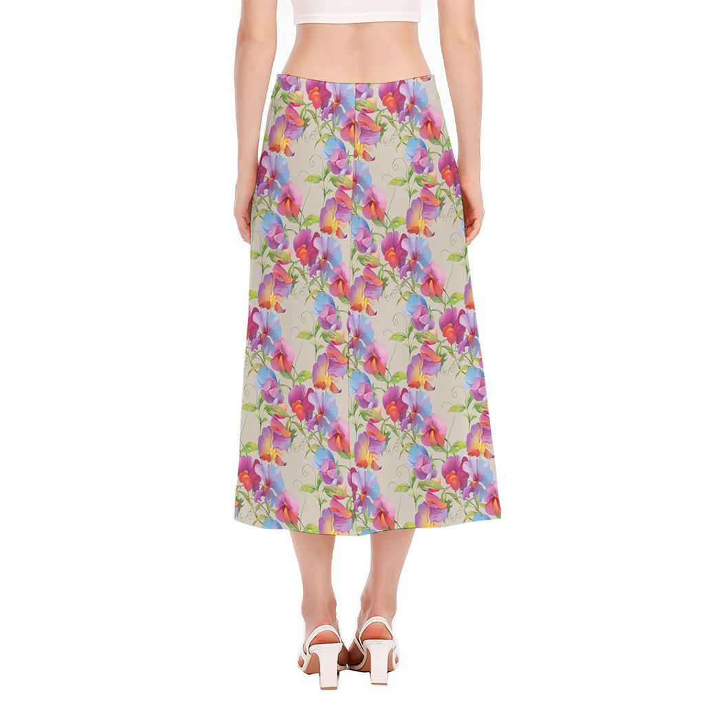 Sweet Pea Flower Pattern Print Side Slit Midi Skirt