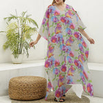 Sweet Pea Flower Pattern Print Silk V-Neck Kaftan Dress