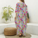 Sweet Pea Flower Pattern Print Silk V-Neck Kaftan Dress