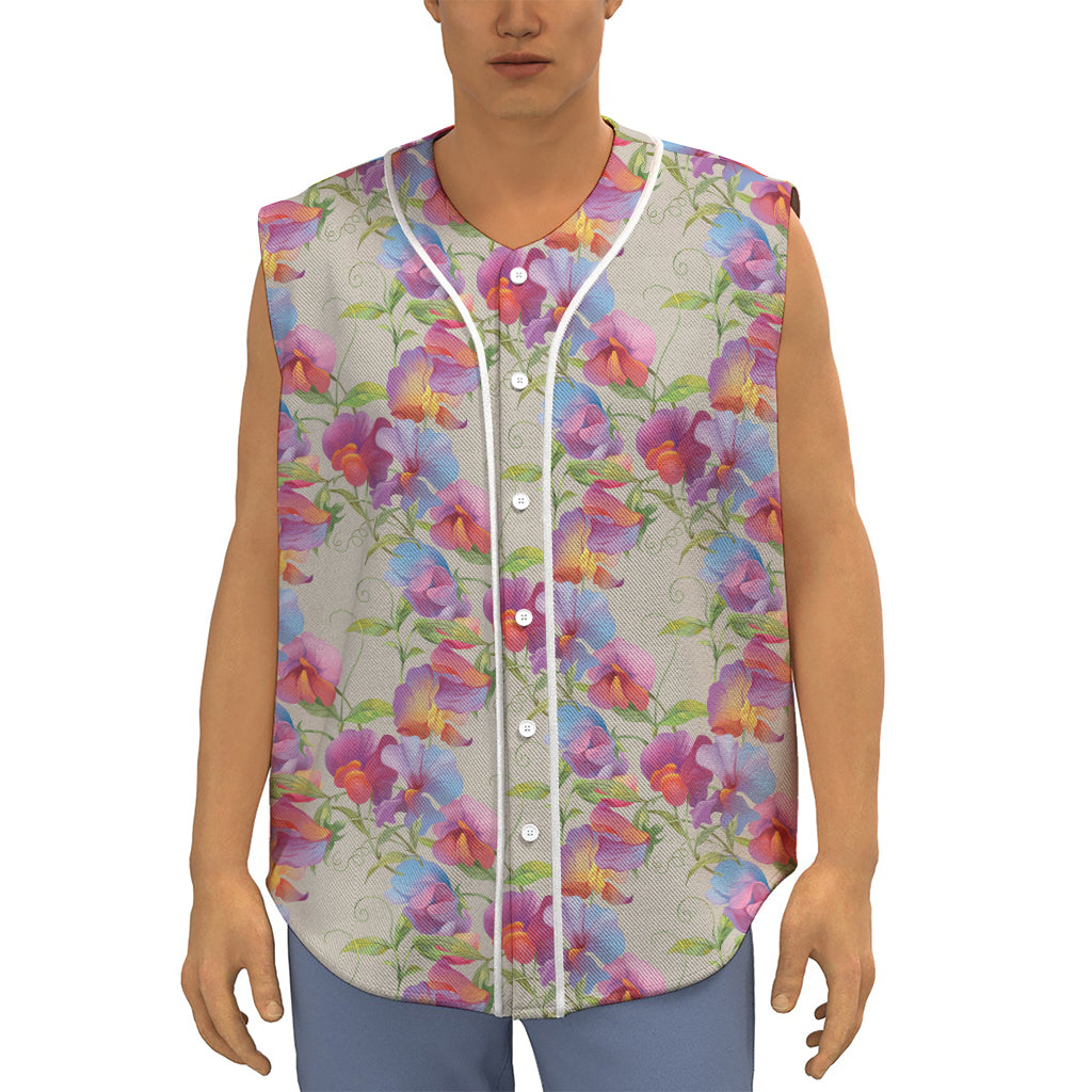 Sweet Pea Flower Pattern Print Sleeveless Baseball Jersey