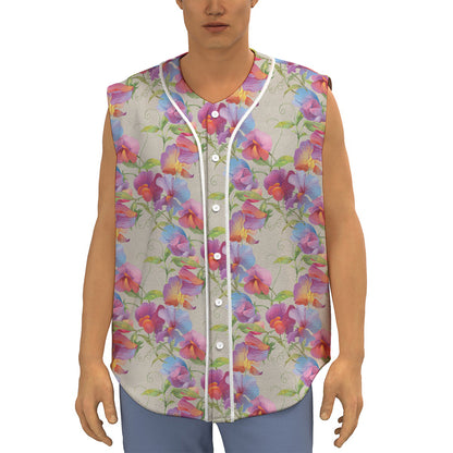 Sweet Pea Flower Pattern Print Sleeveless Baseball Jersey