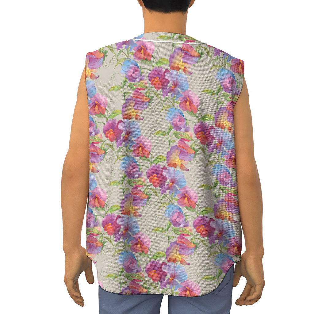 Sweet Pea Flower Pattern Print Sleeveless Baseball Jersey