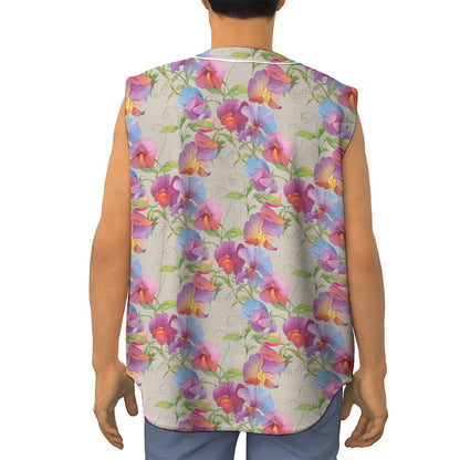 Sweet Pea Flower Pattern Print Sleeveless Baseball Jersey