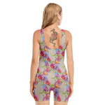 Sweet Pea Flower Pattern Print Sleeveless One Piece Swimsuit