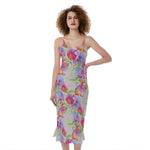 Sweet Pea Flower Pattern Print Slim Fit Midi Cami Dress
