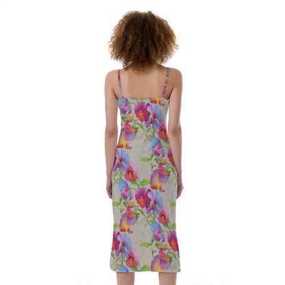 Sweet Pea Flower Pattern Print Slim Fit Midi Cami Dress