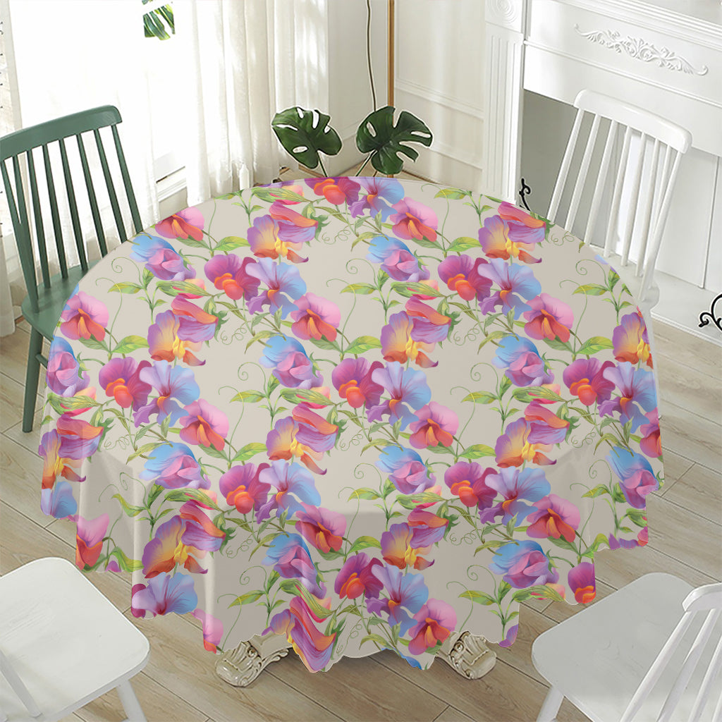 Sweet Pea Flower Pattern Print Waterproof Round Tablecloth