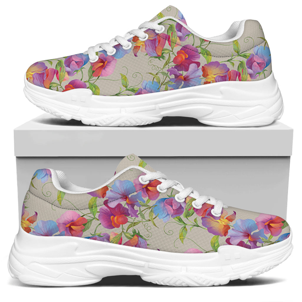 Sweet Pea Flower Pattern Print White Chunky Shoes