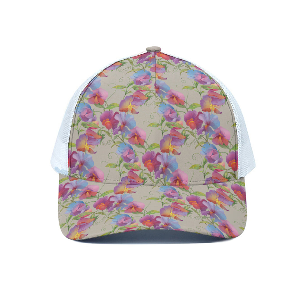 Sweet Pea Flower Pattern Print White Mesh Trucker Cap