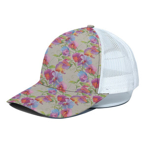 Sweet Pea Flower Pattern Print White Mesh Trucker Cap